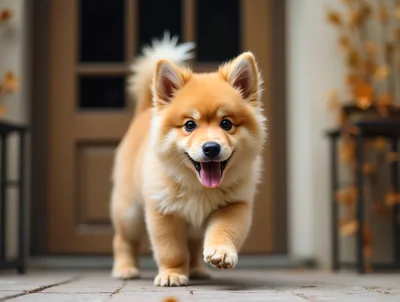 Adorable Fluffy Puppy Walking Towards Camera on Porch