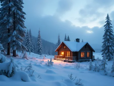 Cozy Log Cabin In Snowy Winter Forest