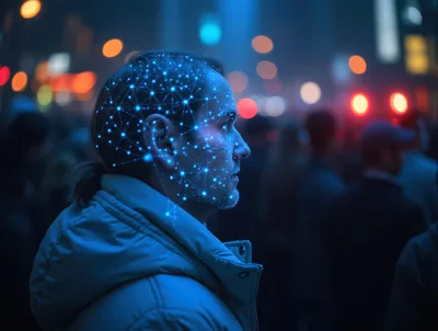 Man With Digital Facial Recognition Network Overlay