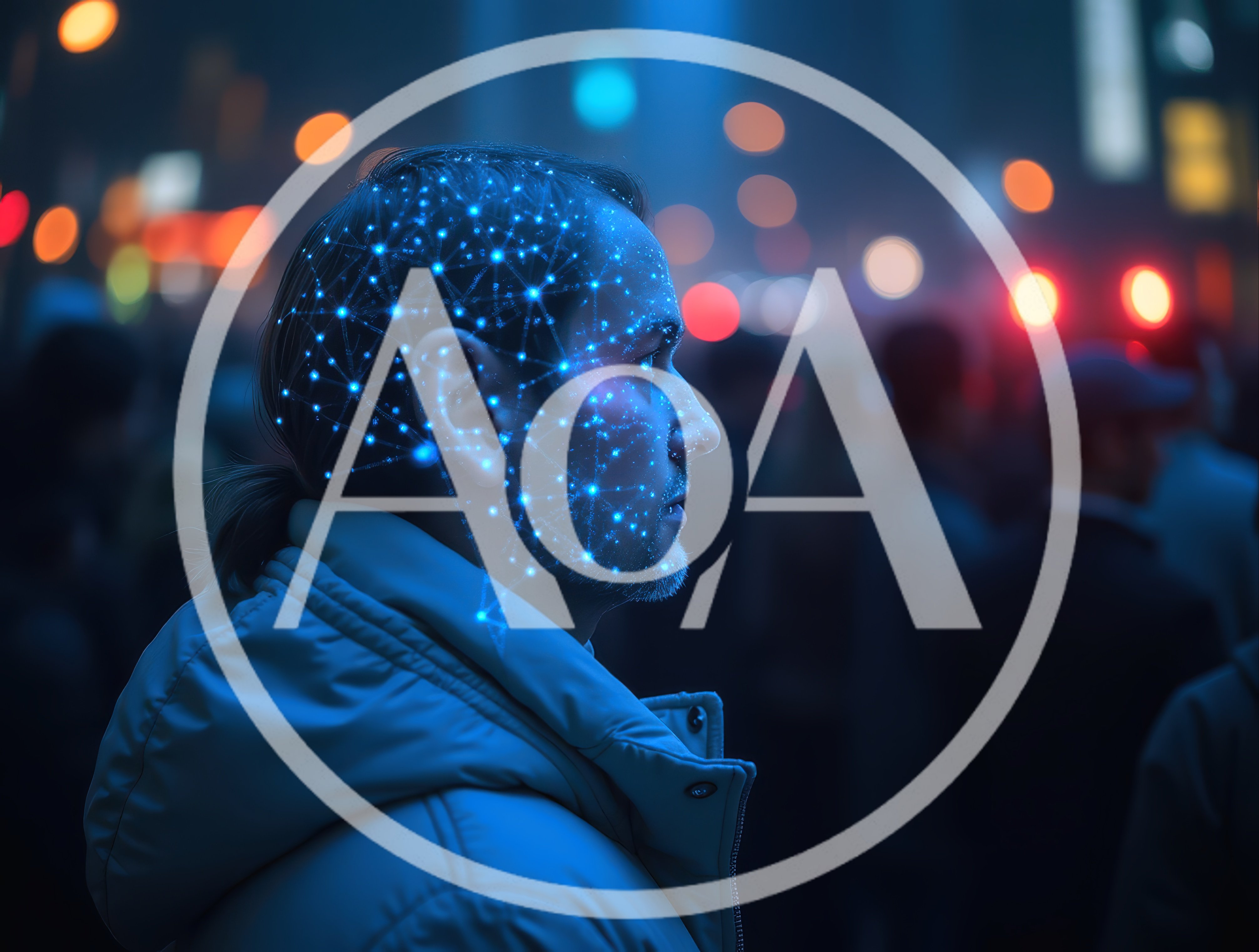 Man With Digital Facial Recognition Network Overlay