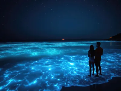 Couple Standing On Beach With Bioluminescent Waves At Night