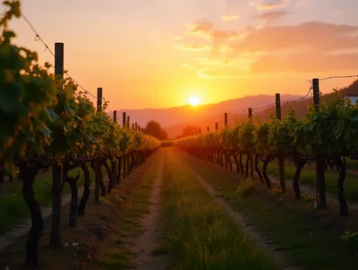 Sunset Over Rows Of Lush Vineyard Vines