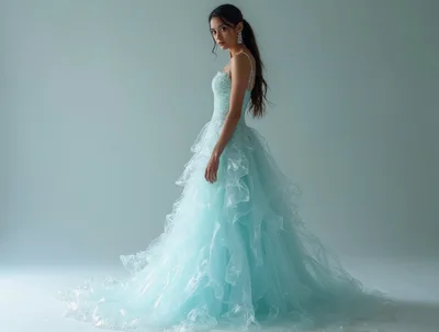 Elegant Woman Modeling A Light Blue Ruffled Ballgown