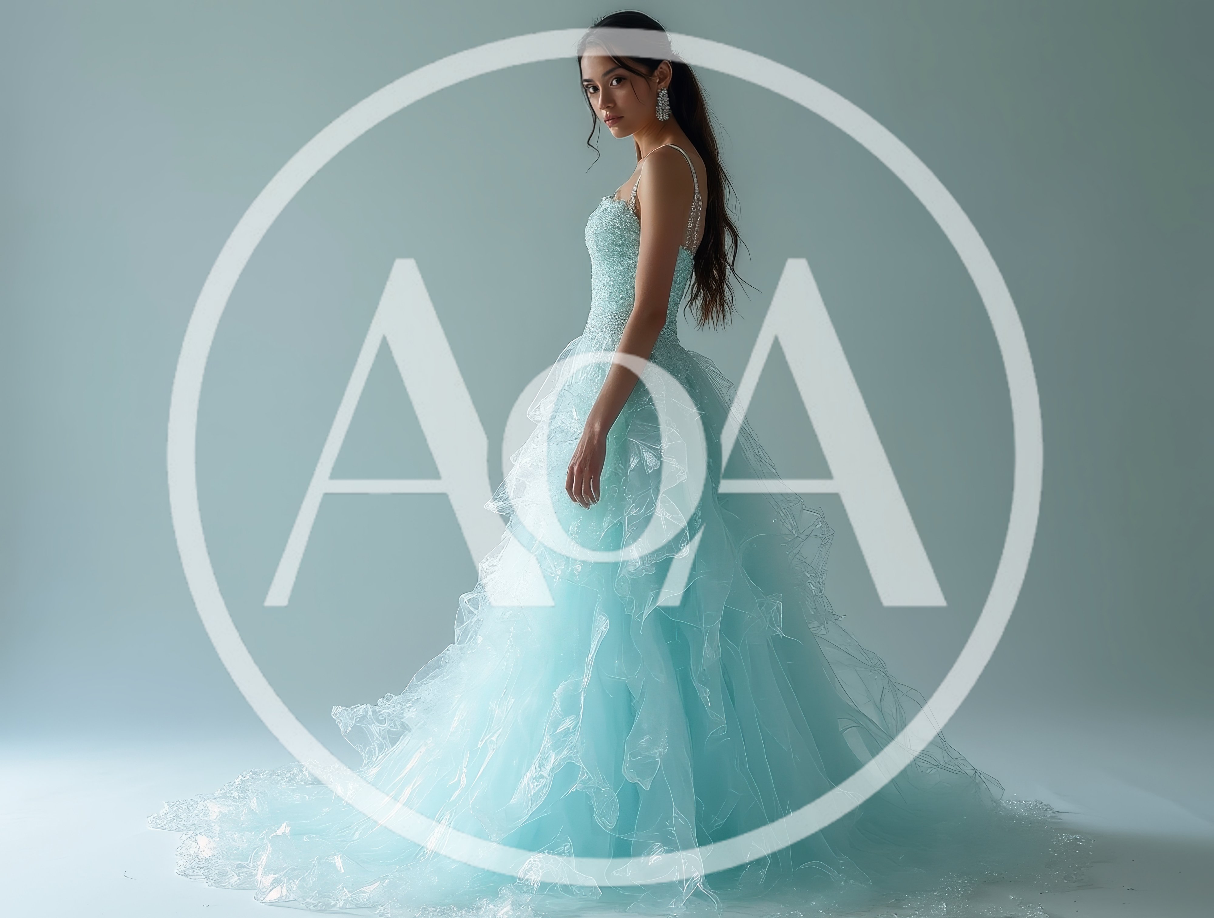 Elegant Woman Modeling A Light Blue Ruffled Ballgown