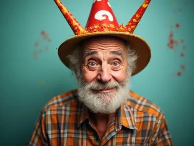 Elderly Man Wearing A Festive Party Hat