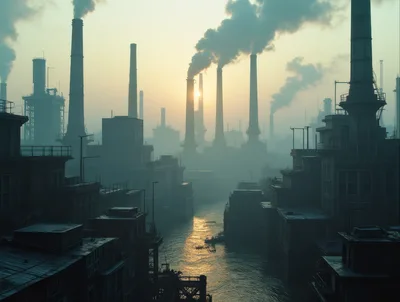 Industrial Factory Complex With Smoking Chimneys At Sunset
