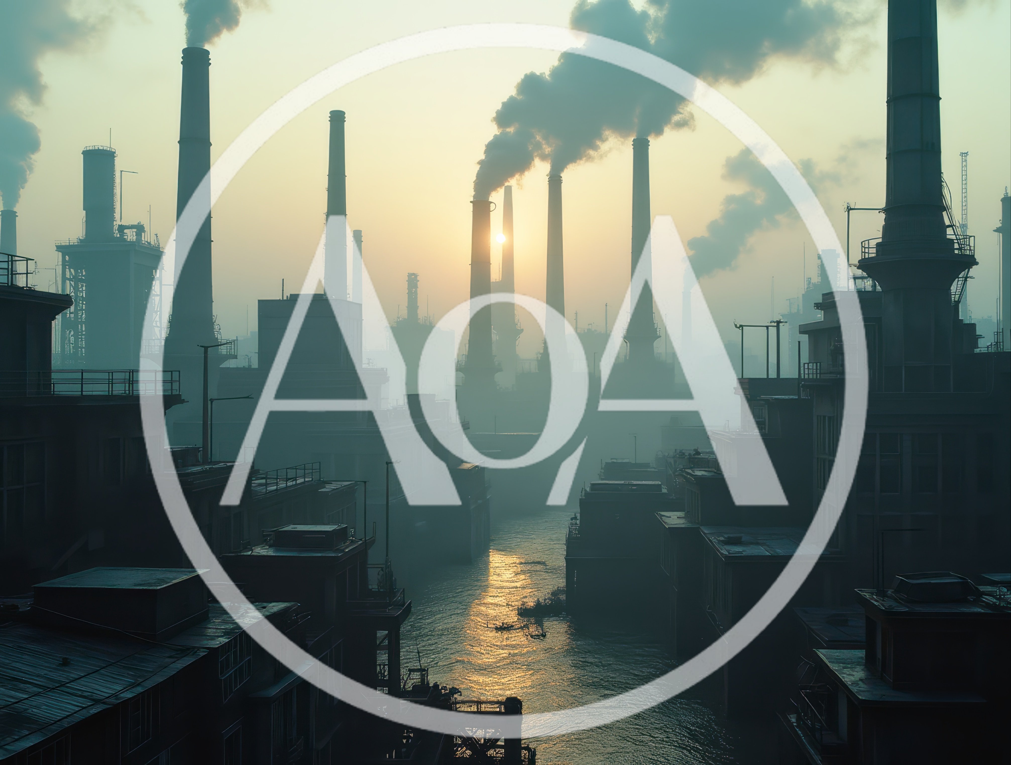 Industrial Factory Complex With Smoking Chimneys At Sunset