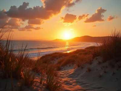 Golden Sunset Over Coastal Sand Dunes And Ocean