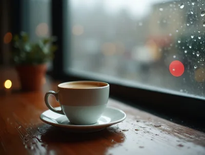 Coffee Cup On A Rainy Cafe Window Sill