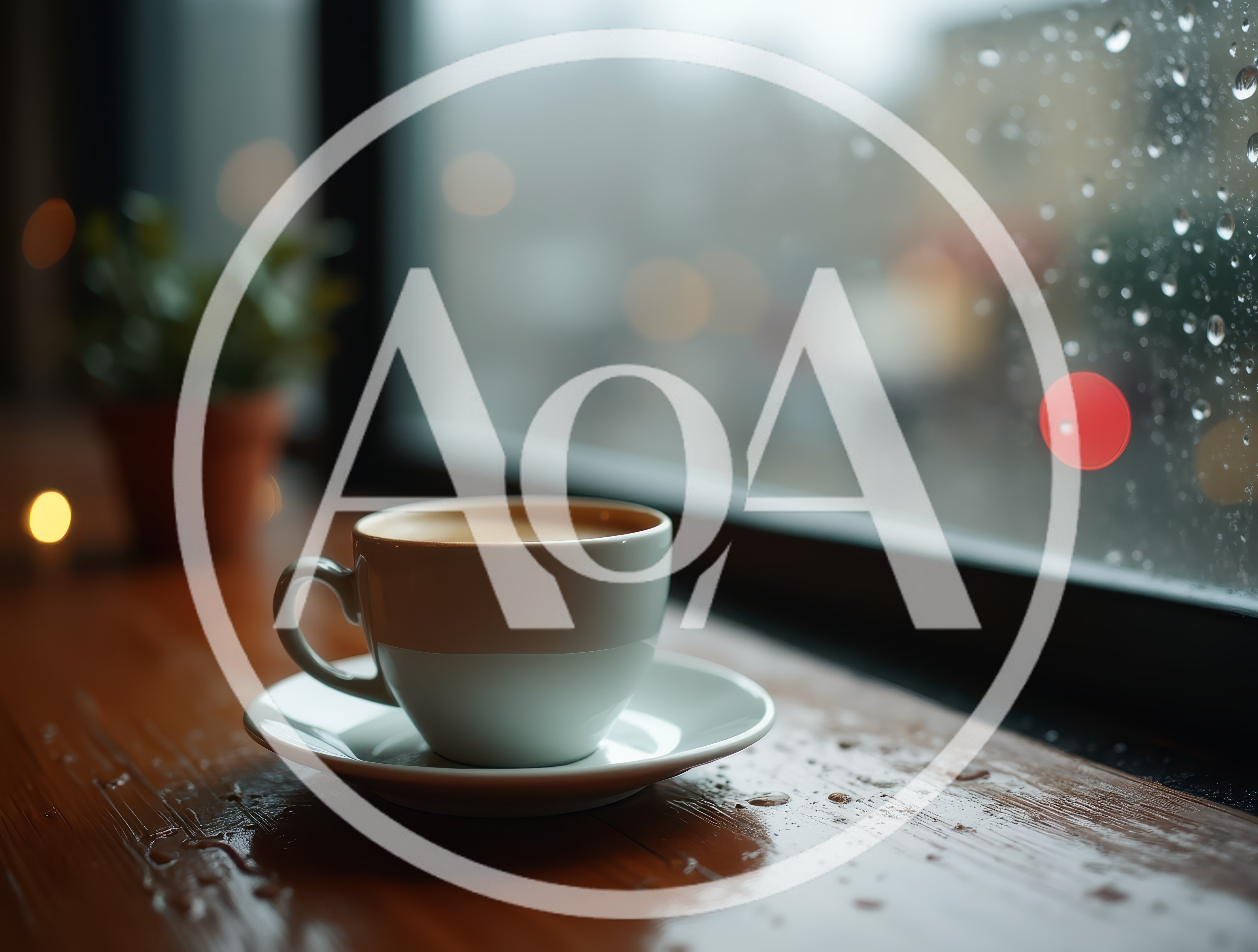 Coffee Cup On A Rainy Cafe Window Sill
