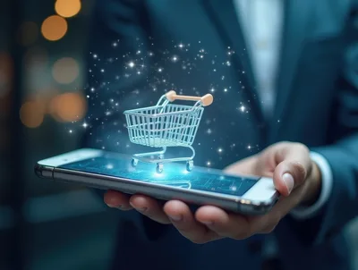 Digital Shopping Cart Floating Above Smartphone Screen