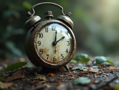 Vintage Rusty Alarm Clock Resting On Forest Floor