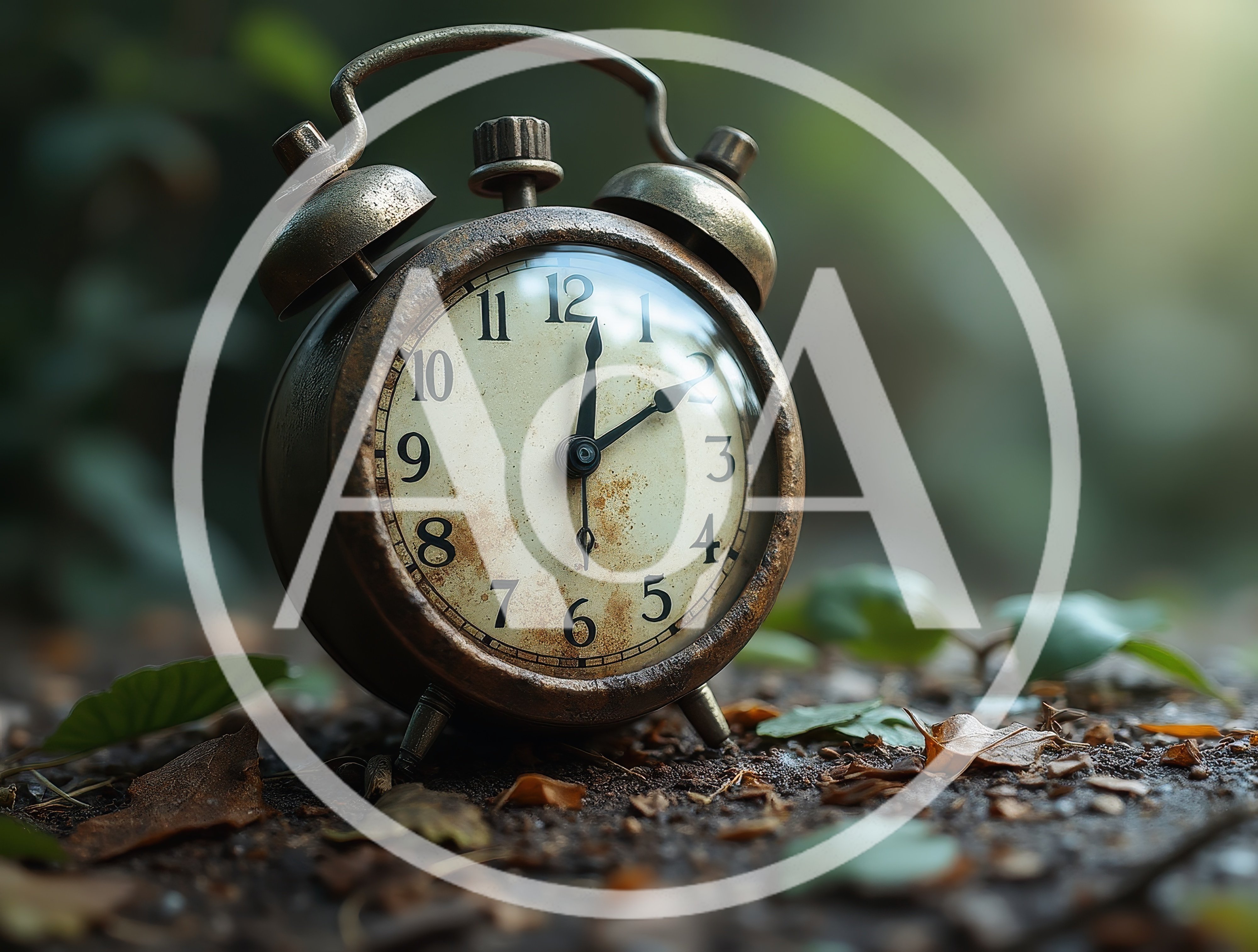 Vintage Rusty Alarm Clock Resting On Forest Floor