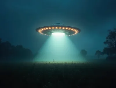 UFO Hovering Over A Misty Field At Night
