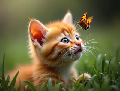 Cute Ginger Kitten Watching A Butterfly In The Grass