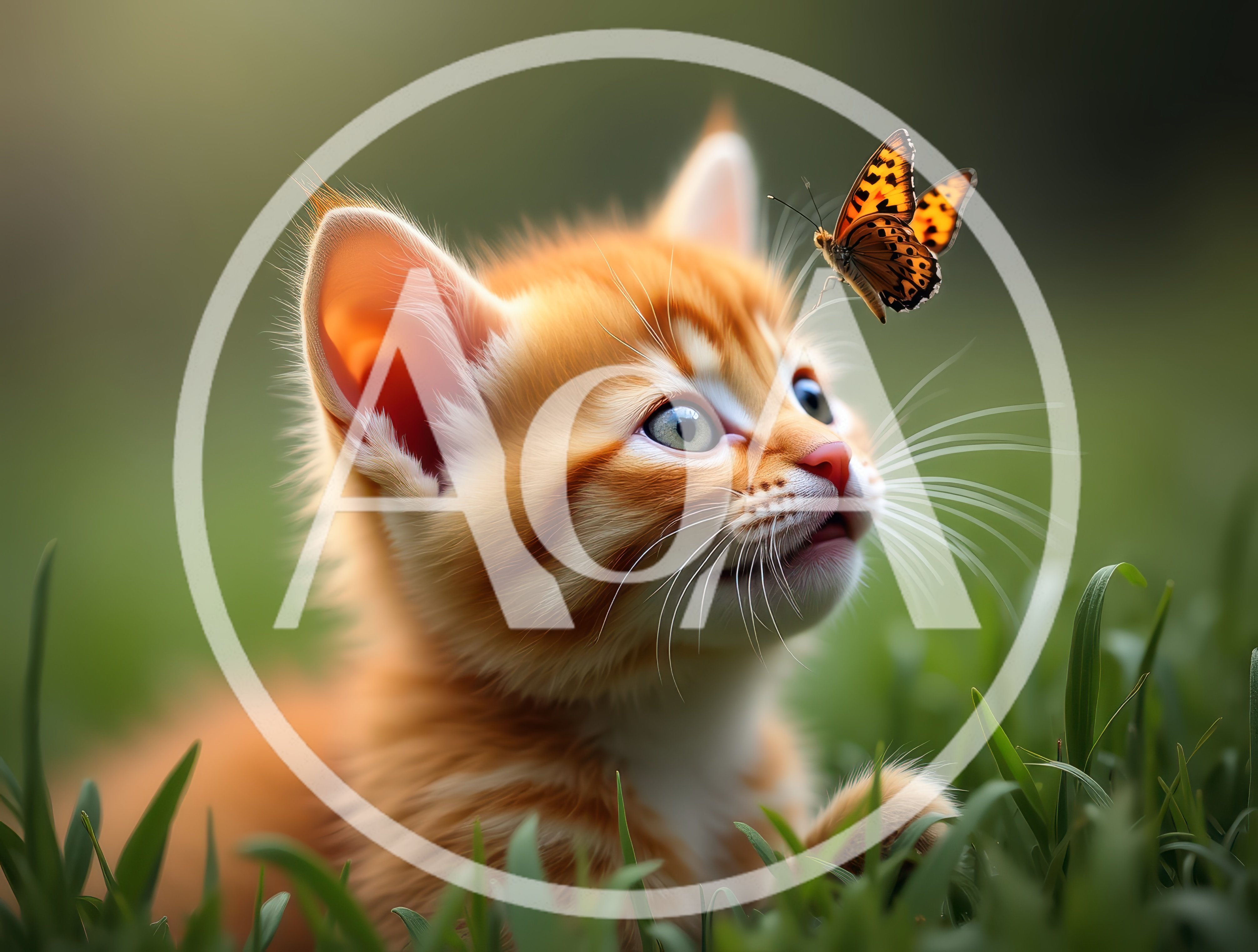 Cute Ginger Kitten Watching A Butterfly In The Grass