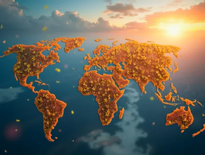 Autumnal World Map Floating Above Reflective Water