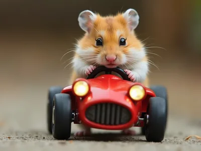 Cute Hamster Driving A Small Red Toy Car