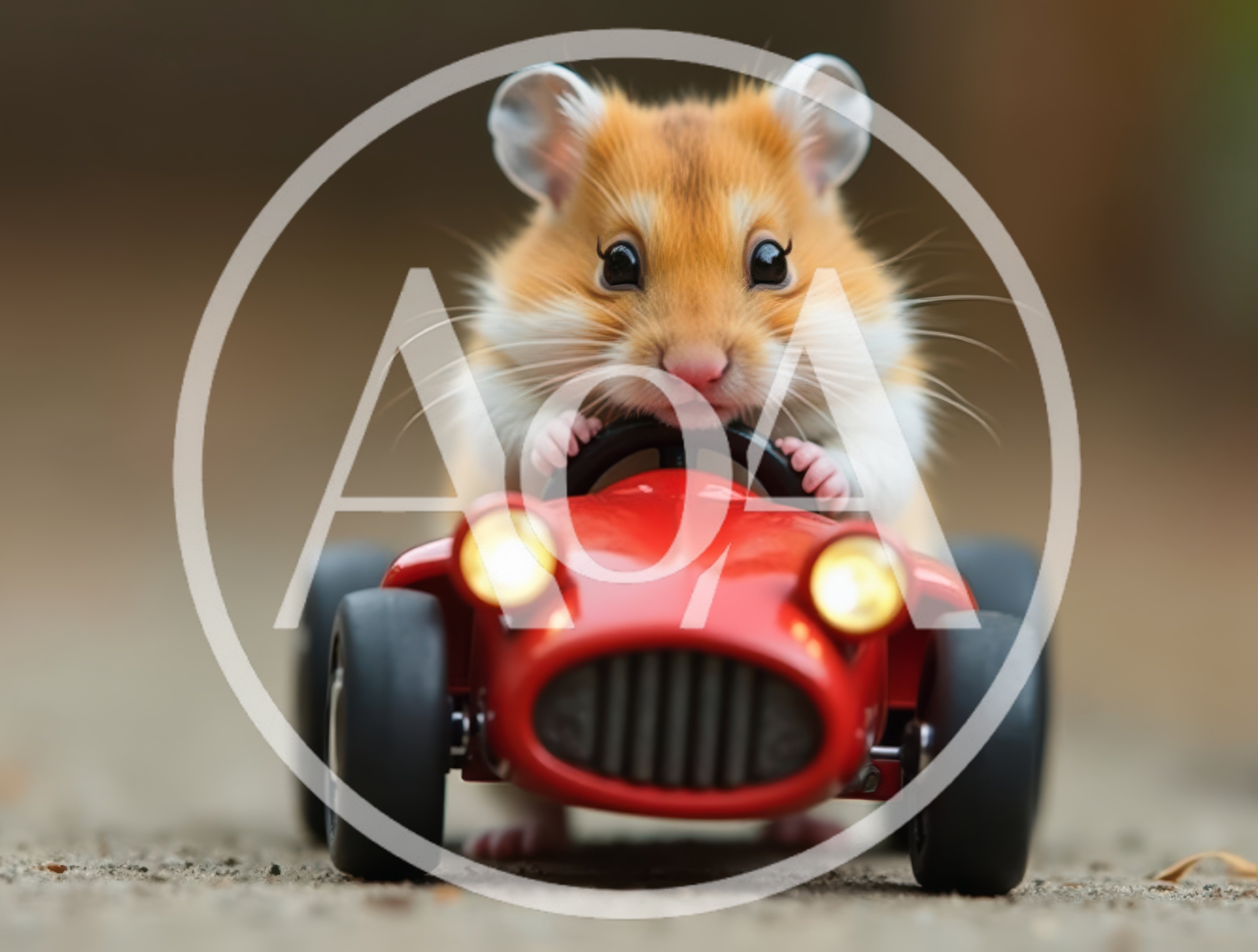 Cute Hamster Driving A Small Red Toy Car