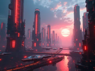 Futuristic Cyberpunk Cityscape With Flying Vehicles At Sunset