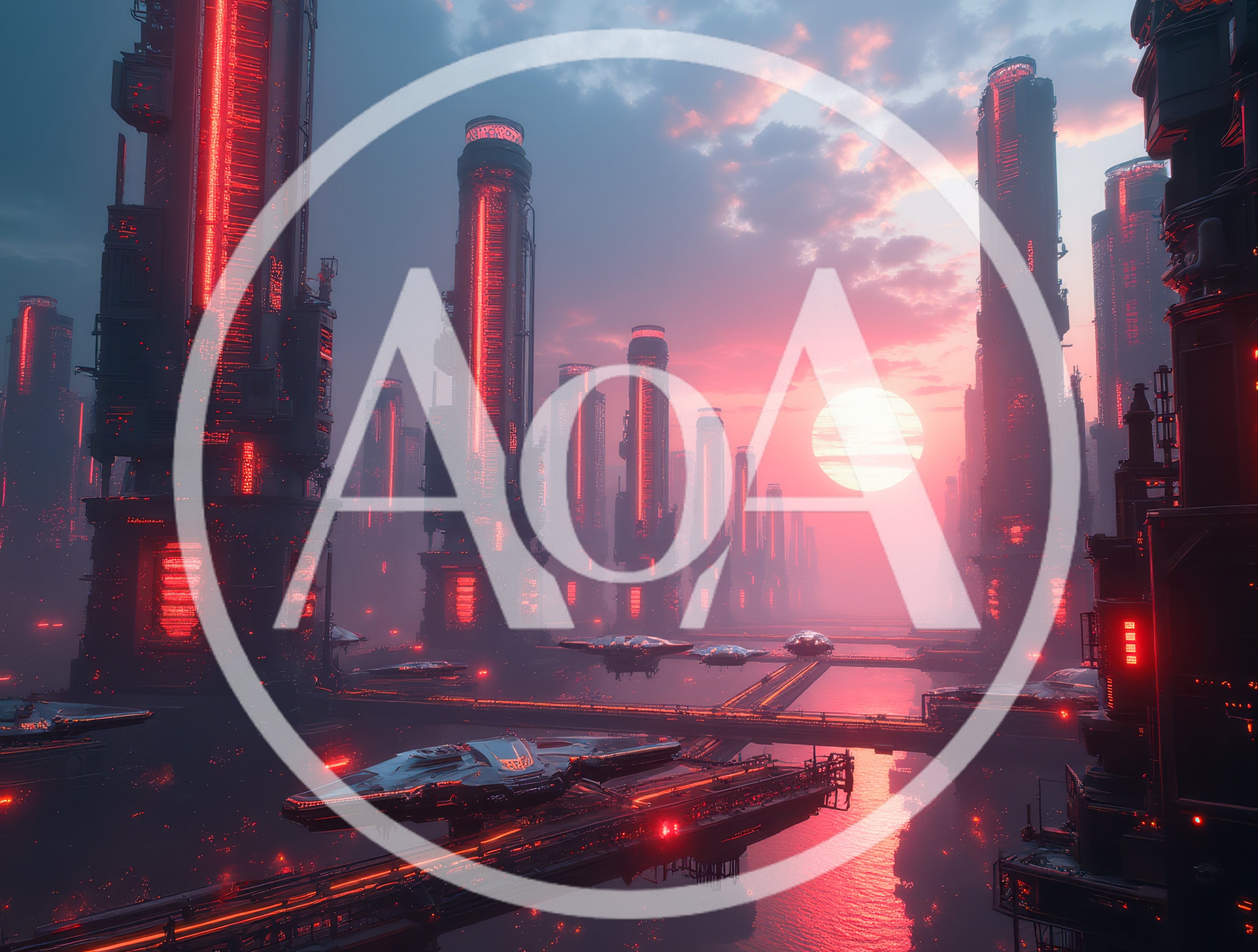 Futuristic Cyberpunk Cityscape With Flying Vehicles At Sunset