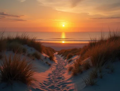 Sand Dune Path Leading To A Golden Sunset Beach