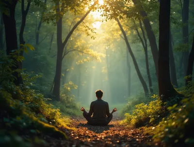 Man Meditating In A Sunlit Forest Path