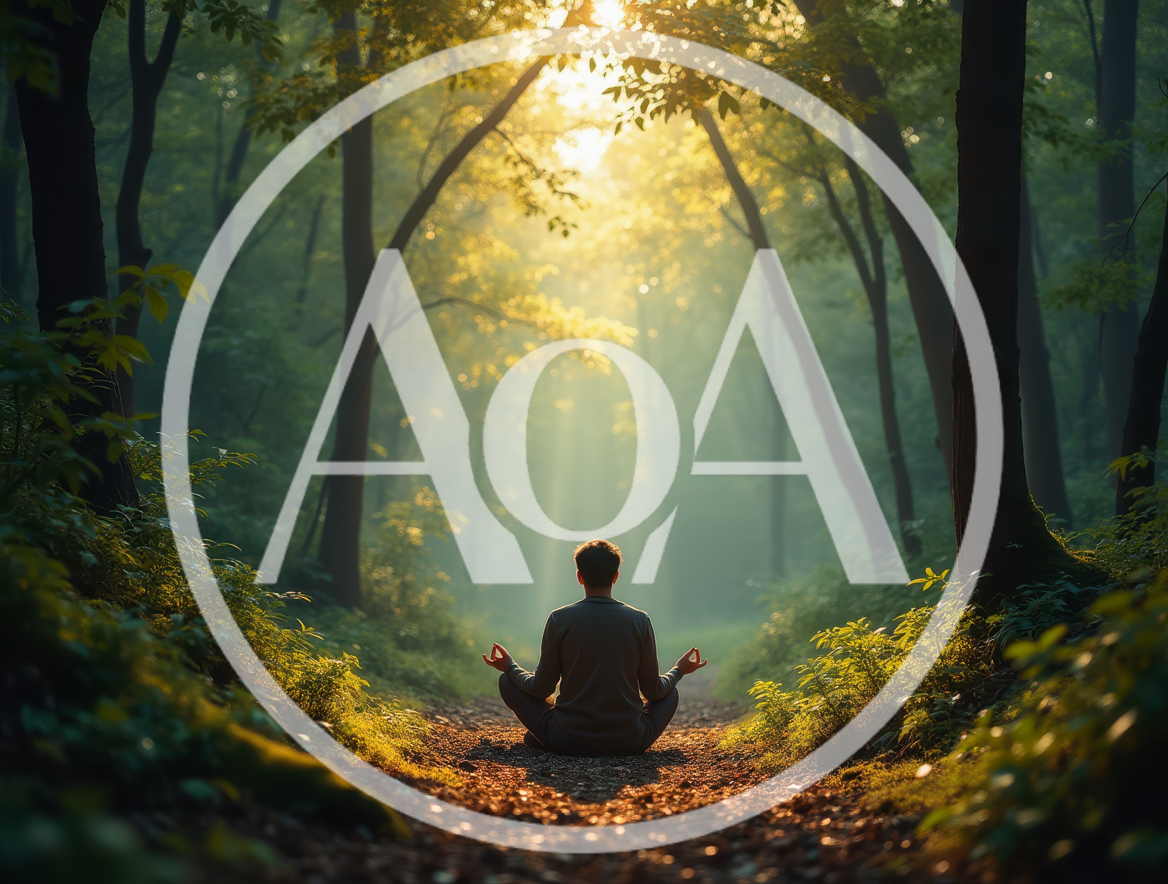 Man Meditating In A Sunlit Forest Path