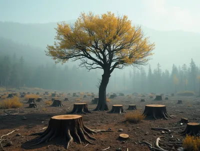 Single Standing Tree Amidst A Deforested Landscape