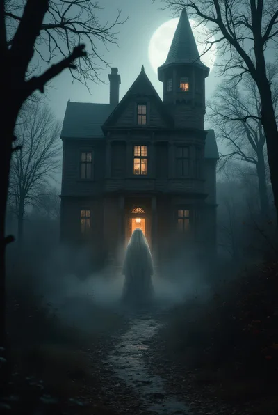 Ghostly Figure Standing Before A Haunted Victorian Mansion