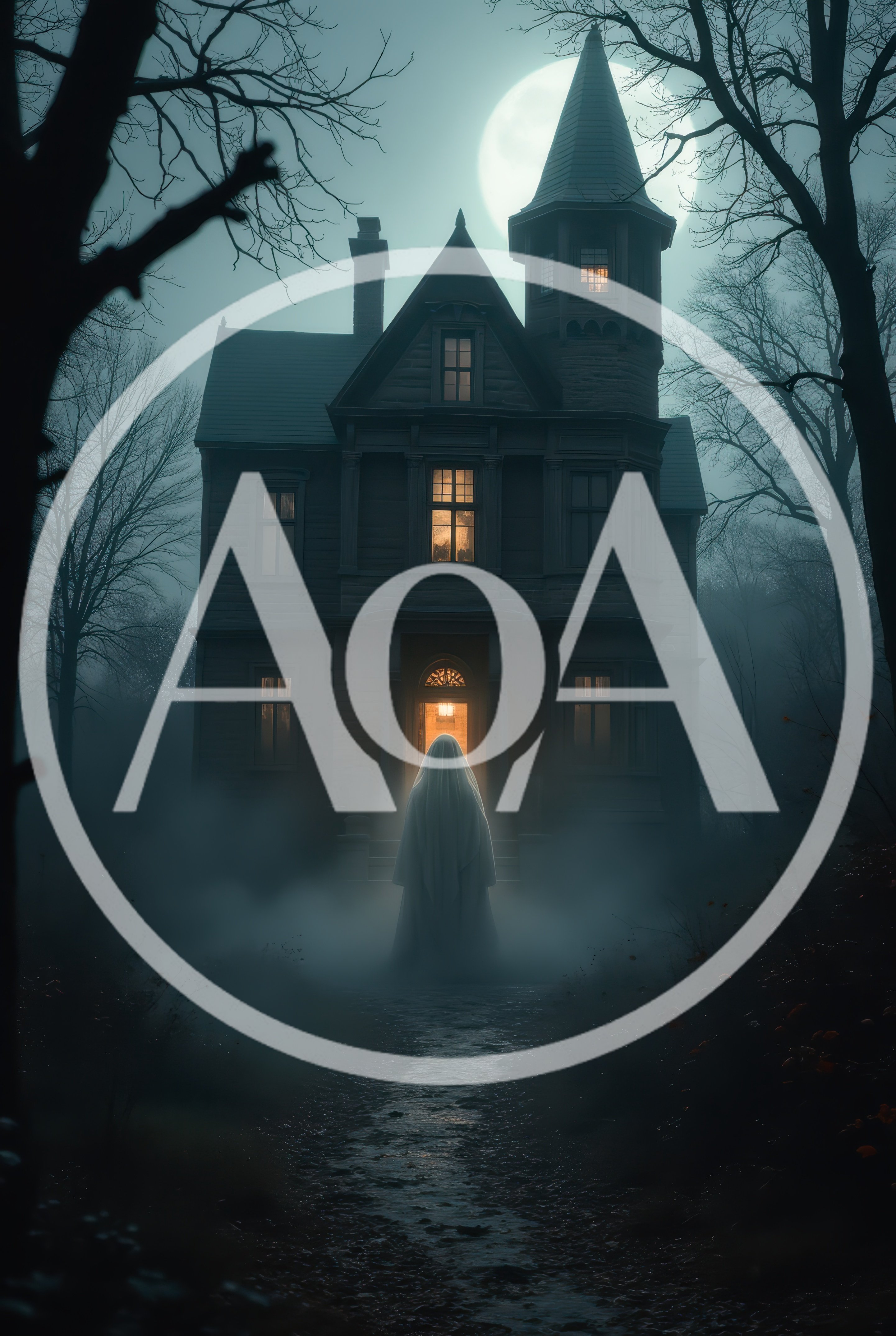 Ghostly Figure Standing Before A Haunted Victorian Mansion