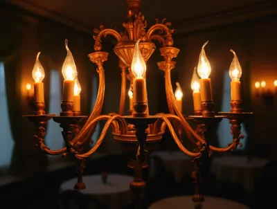 Ornate Antique Chandelier With Glowing Candle Bulbs