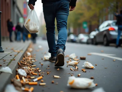 Person Walking Through Littered City Street