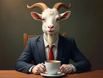 Anthropomorphic Goat Businessman Sitting At A Desk