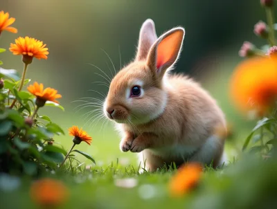 Cute Baby Rabbit Sitting Among Orange Flowers