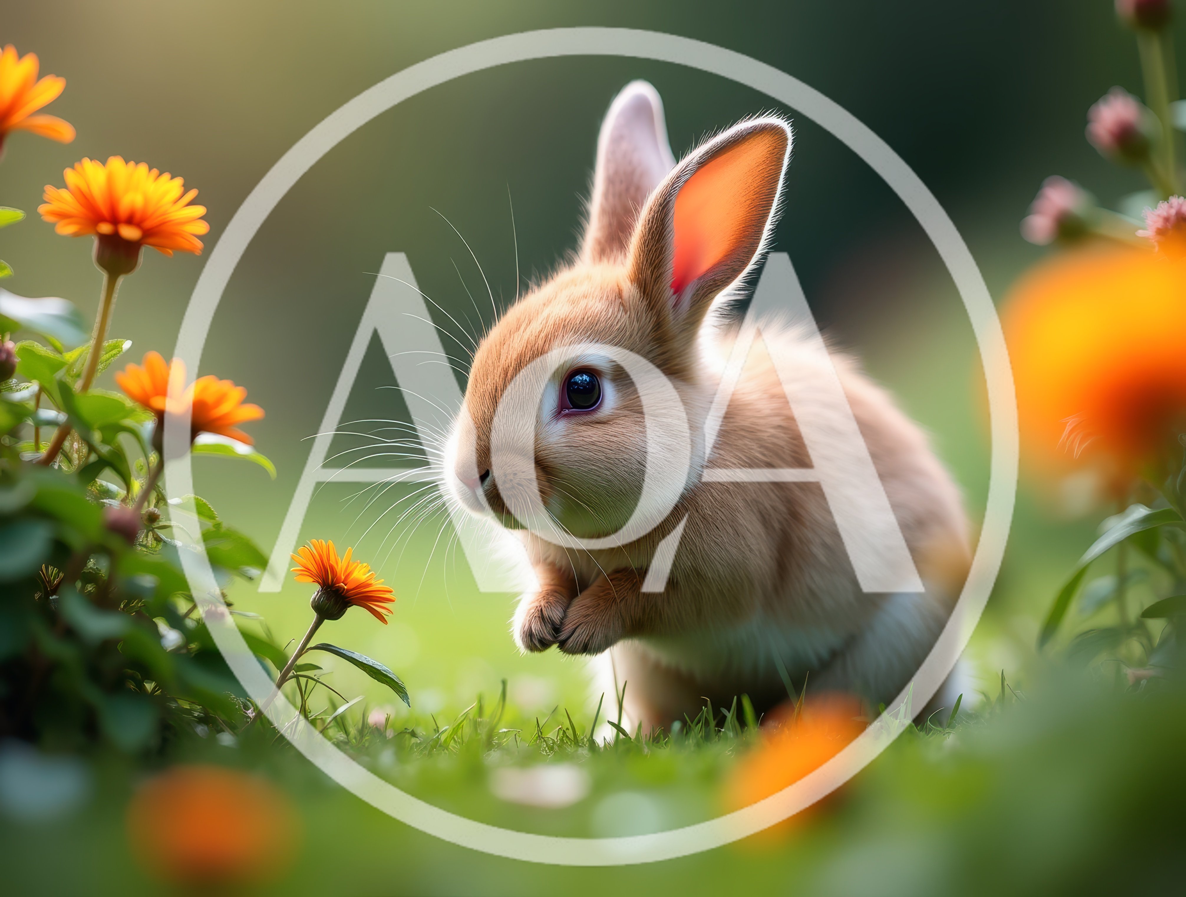 Cute Baby Rabbit Sitting Among Orange Flowers