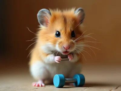 Cute Hamster Lifting A Small Blue Dumbbell