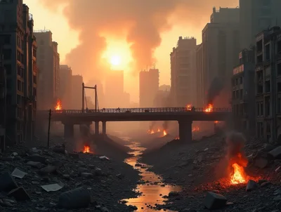 Post-Apocalyptic Cityscape With Burning Bridge And River