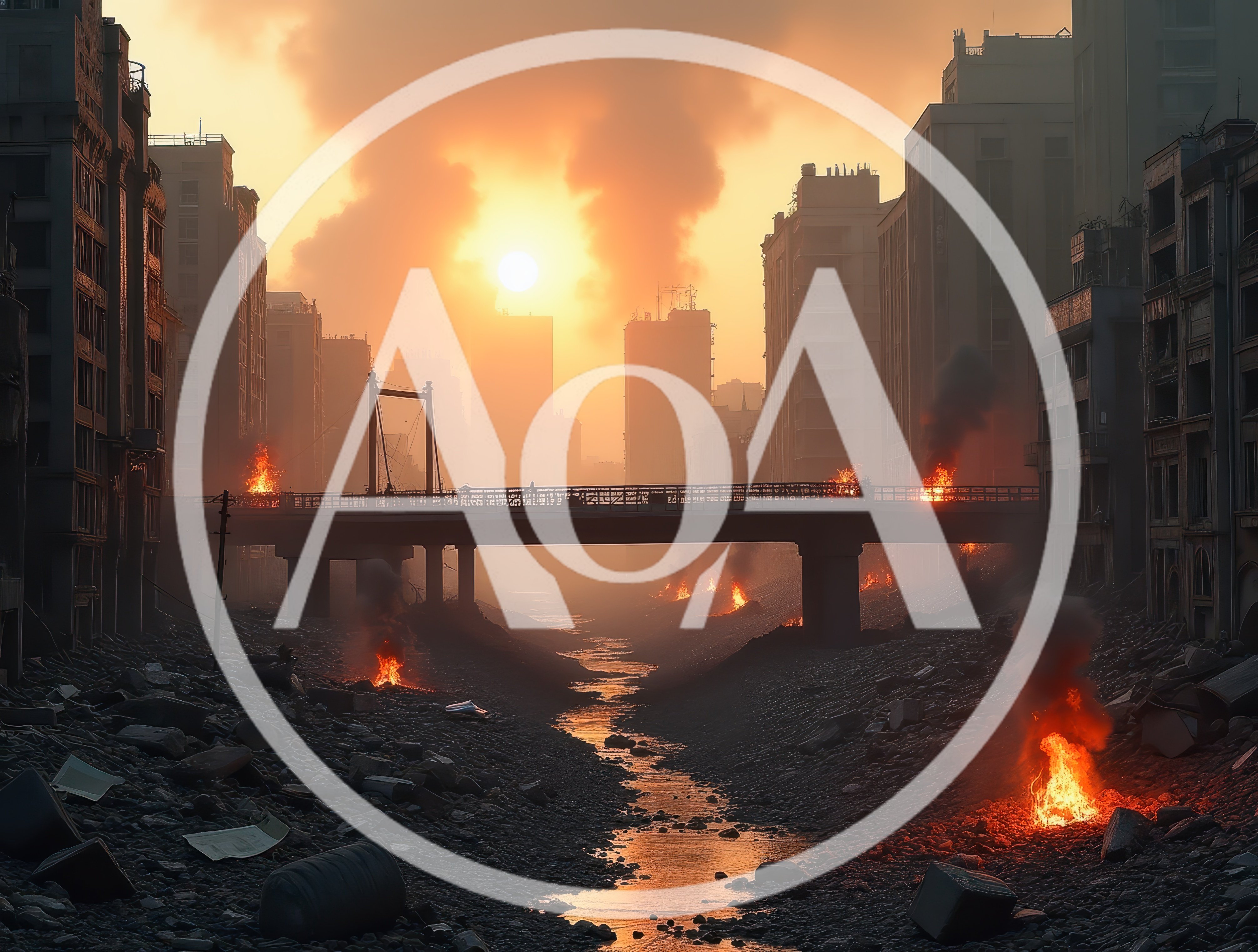 Post-Apocalyptic Cityscape With Burning Bridge And River