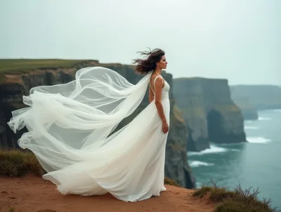 Bride Standing On Cliff Edge With Flowing Wedding Dress