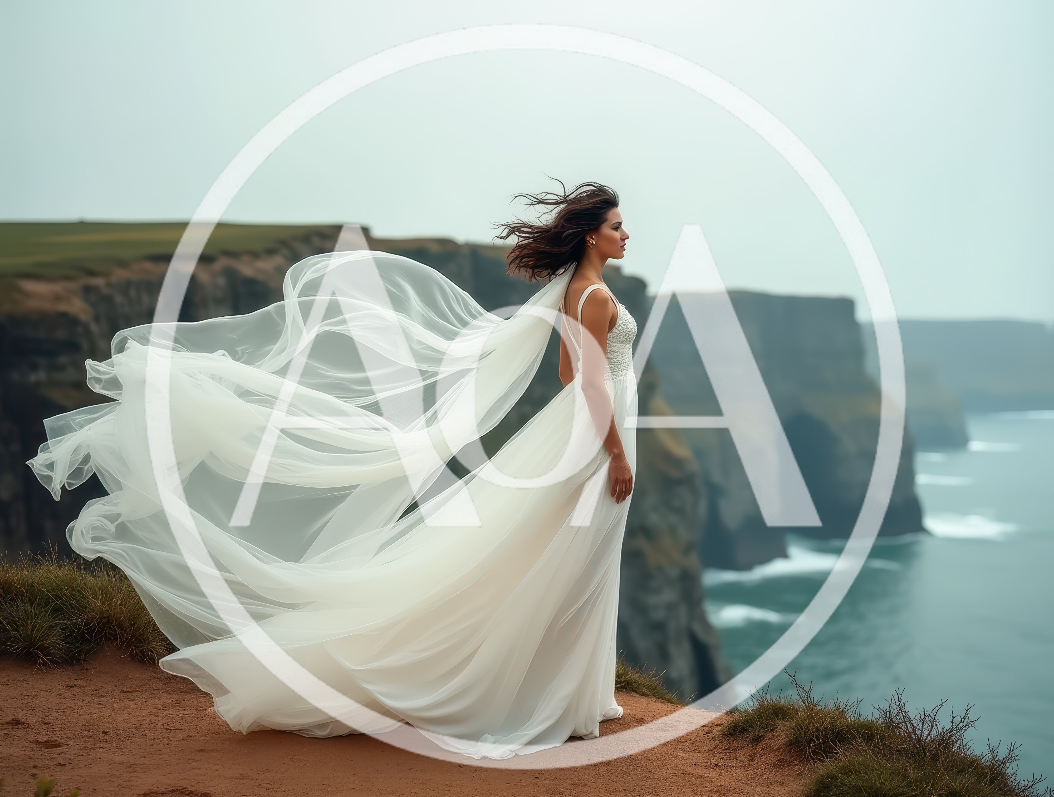 Bride Standing On Cliff Edge With Flowing Wedding Dress