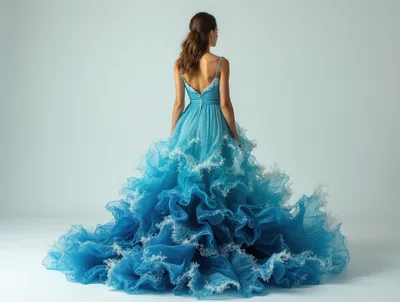 Woman Wearing A Voluminous Blue Ruffled Evening Gown