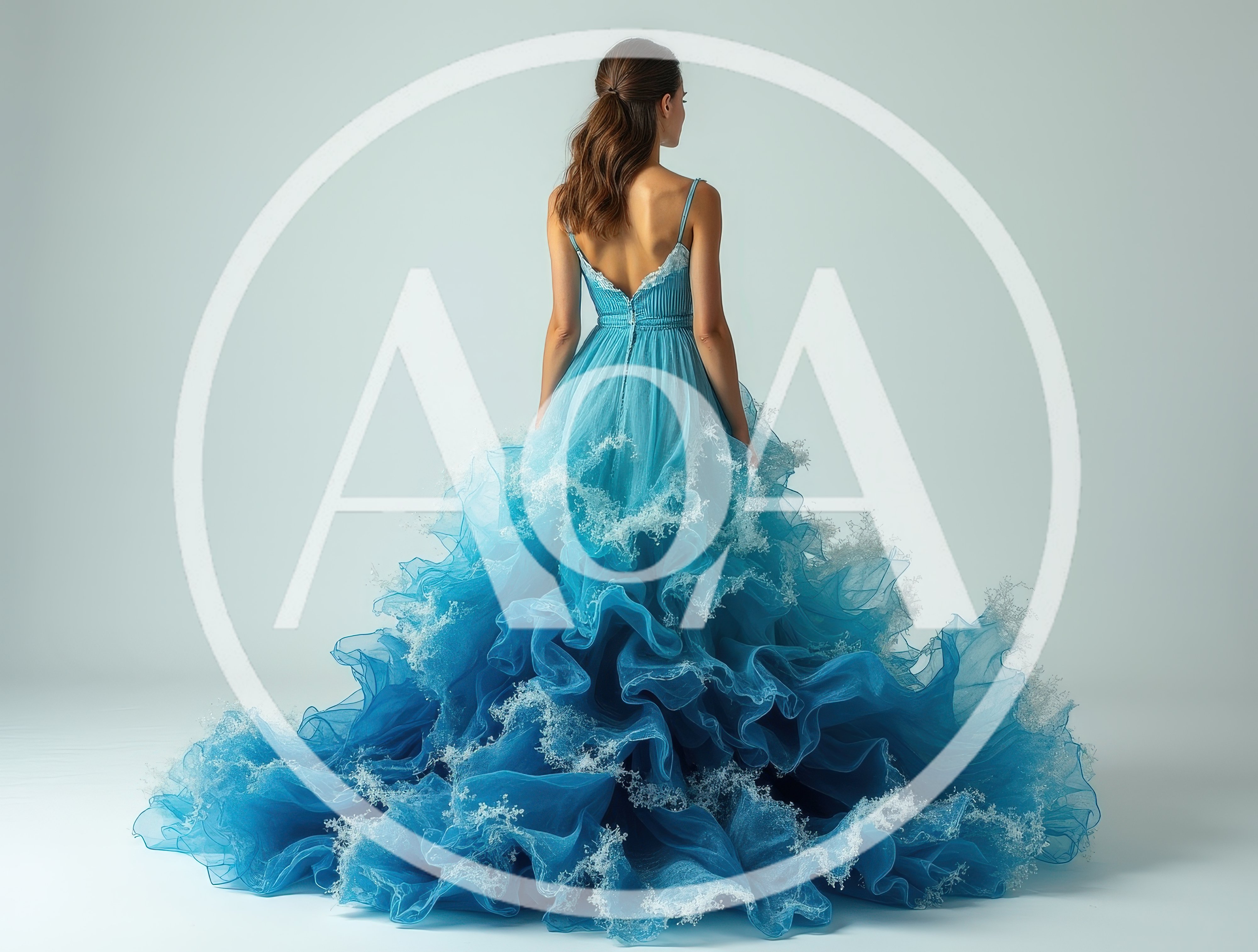 Woman Wearing A Voluminous Blue Ruffled Evening Gown