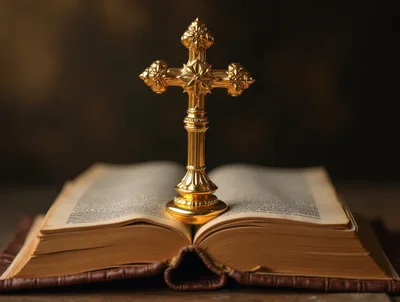 Golden Crucifix Standing On An Open Holy Bible