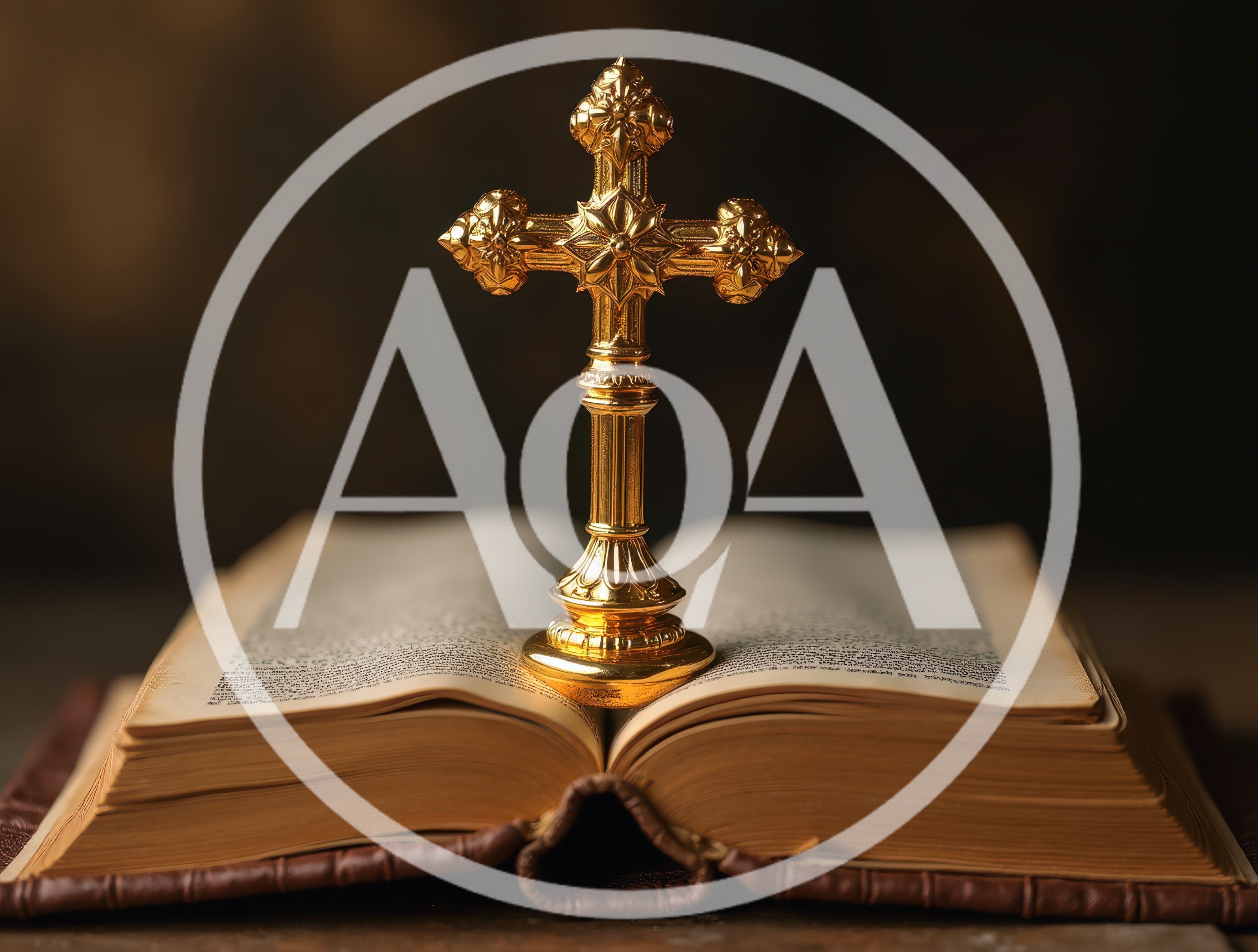 Golden Crucifix Standing On An Open Holy Bible