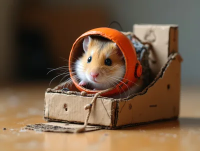 Cute Hamster Peeking Out Of A Cardboard Space Helmet