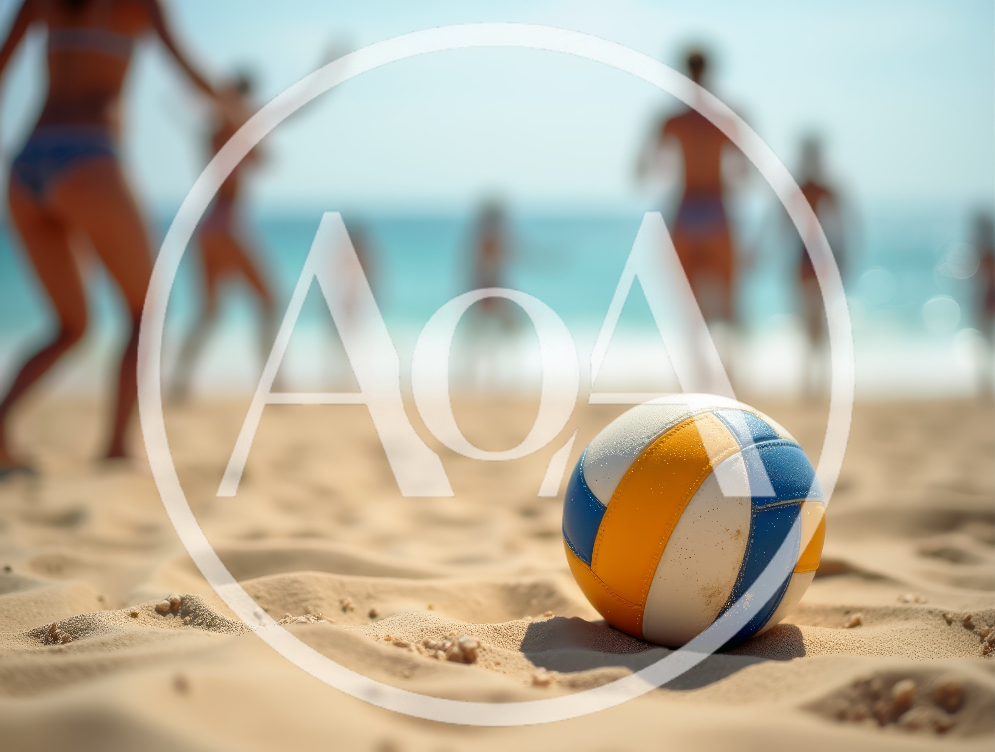 Volleyball Resting On Sandy Beach With Players In Background