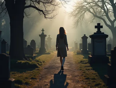 Woman Walking Through A Misty Cemetery At Sunset