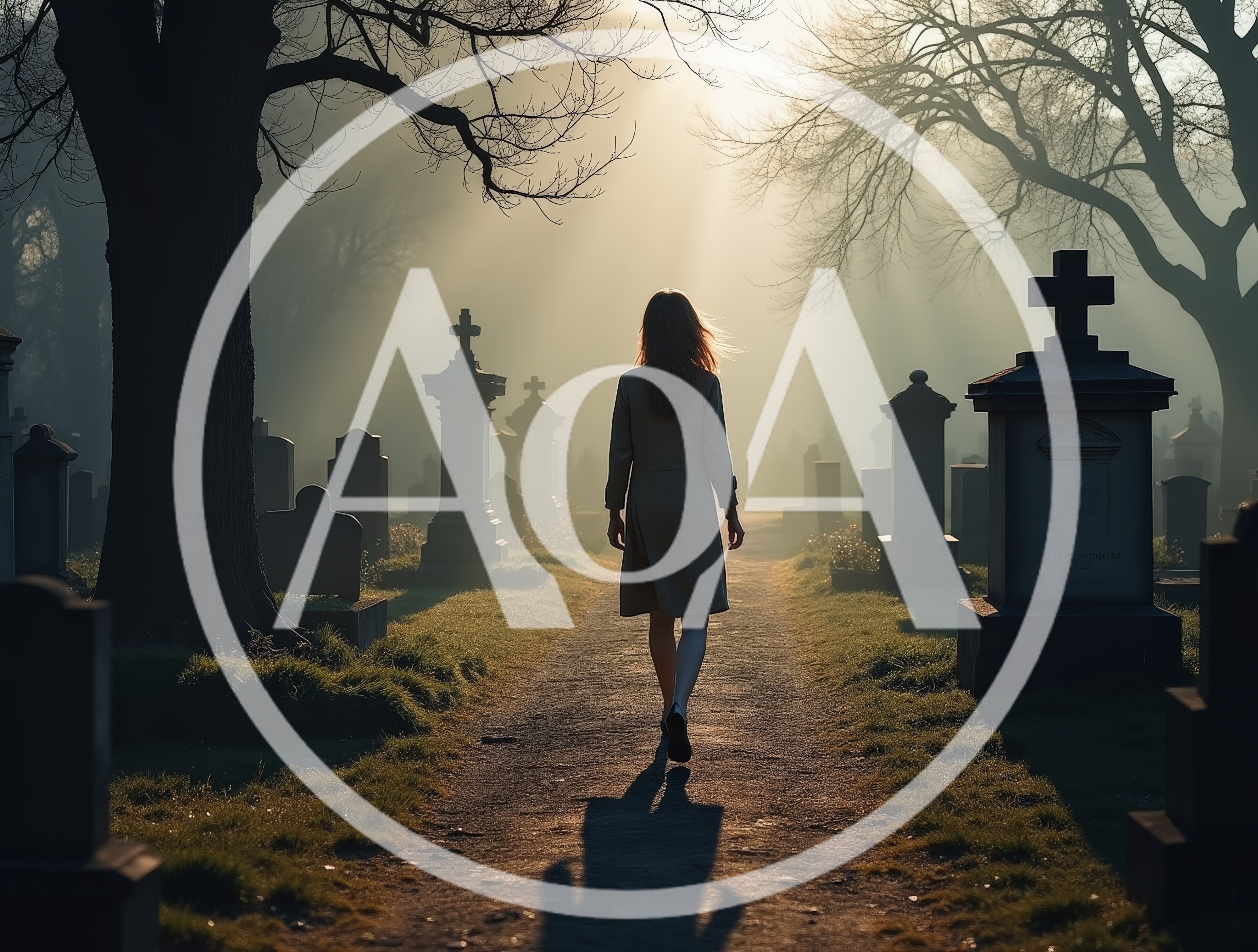 Woman Walking Through A Misty Cemetery At Sunset
