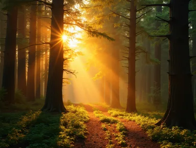 Golden Sunbeams Piercing Through A Misty Forest Path